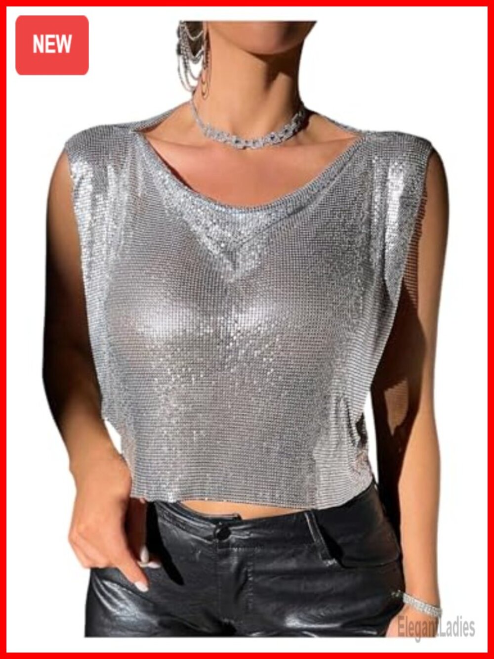 Sequin Tank Top Boat Neck Crop Top
